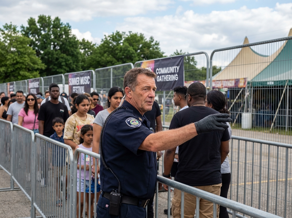 Agent de securite en uniforme guide une foule lors d un evenement