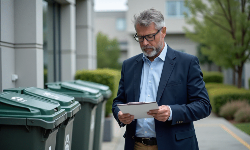 Auditeur environnement en extérieur près de bacs de recyclage