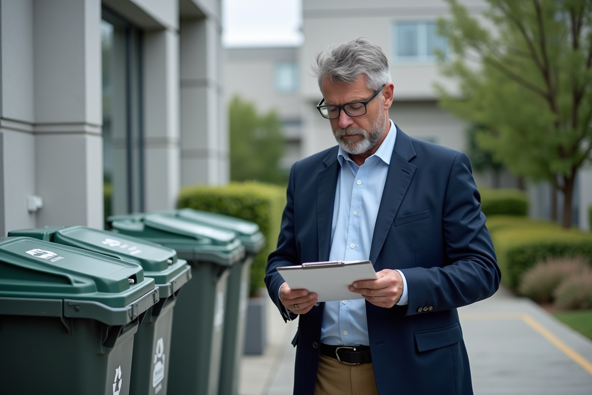 Auditeur environnement en extérieur près de bacs de recyclage
