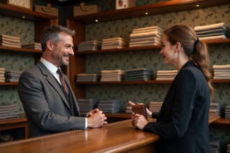 Vendeur en costume ancien parlant à une cliente dans une boutique vintage