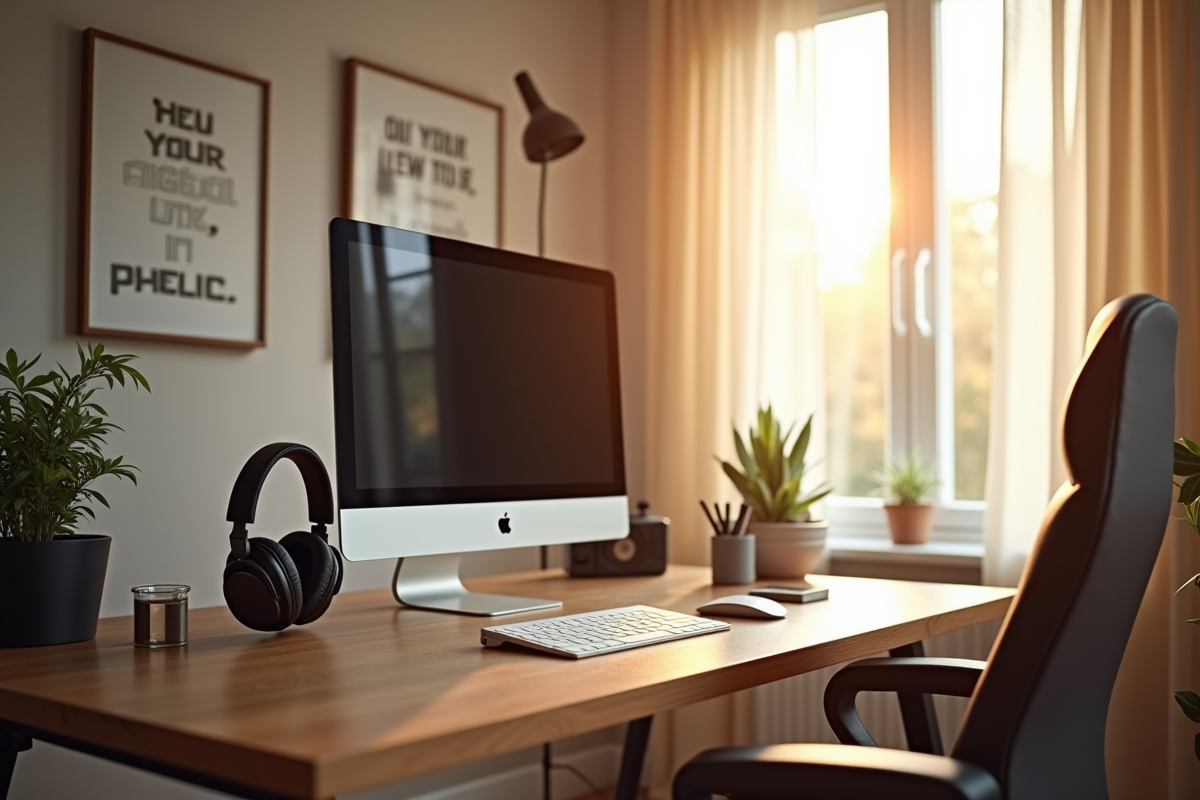 Espace de travail à domicile avec bureau debout et écran large