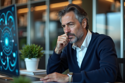 Chercheur homme en bureau avec interface IA