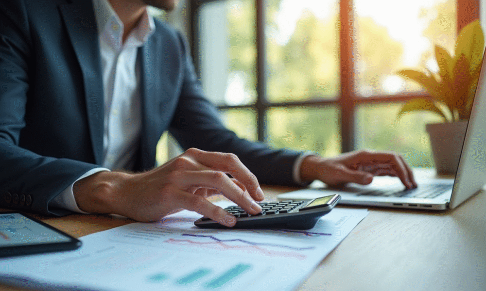 Comptable au bureau utilisant calculatrice et ordinateur pour la gestion financière