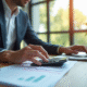 Comptable au bureau utilisant calculatrice et ordinateur pour la gestion financière