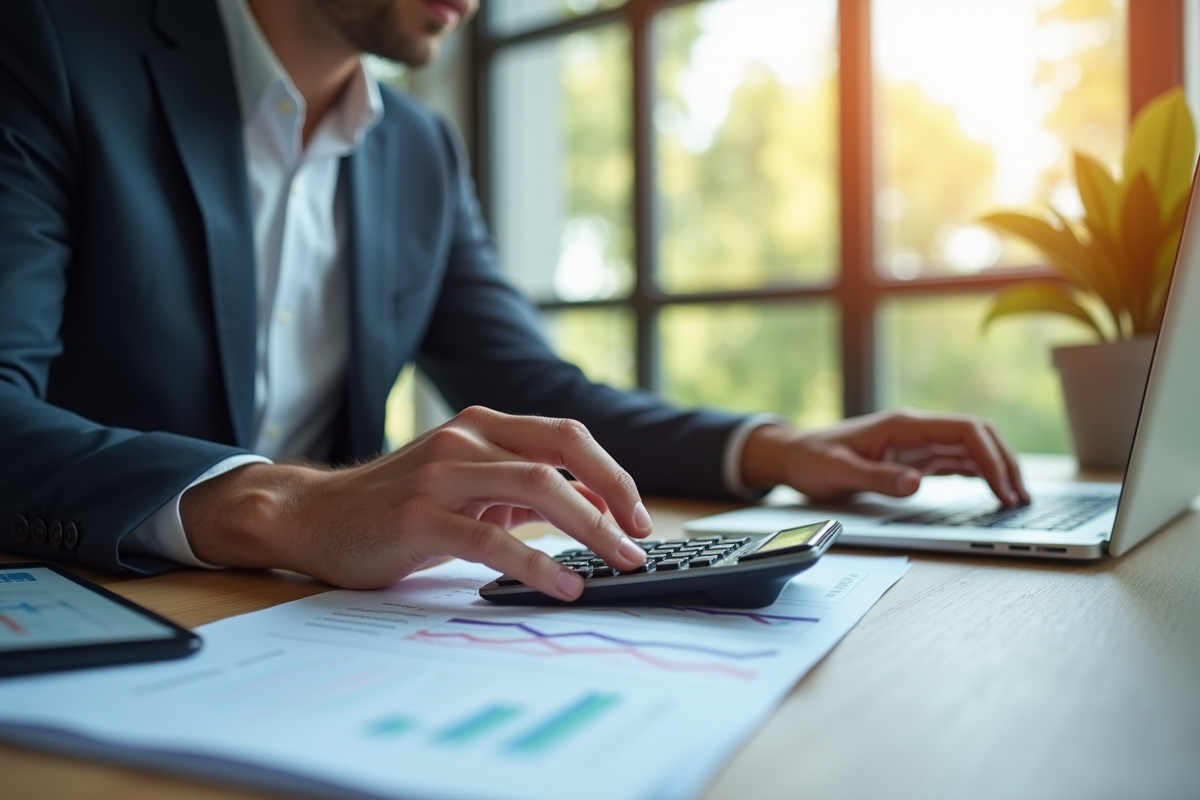 Comptable au bureau utilisant calculatrice et ordinateur pour la gestion financière