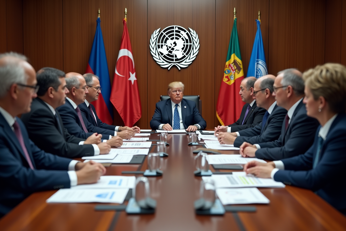 Groupe de diplomates en réunion autour d'une table