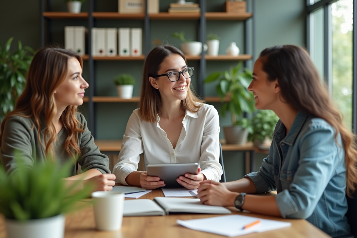 Jeune femme discutant environnement avec collègues en bureau