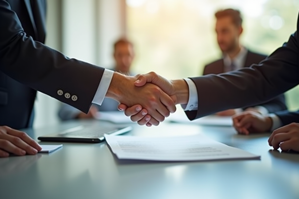 Mains échangeant un contrat de travail sur une table lumineuse
