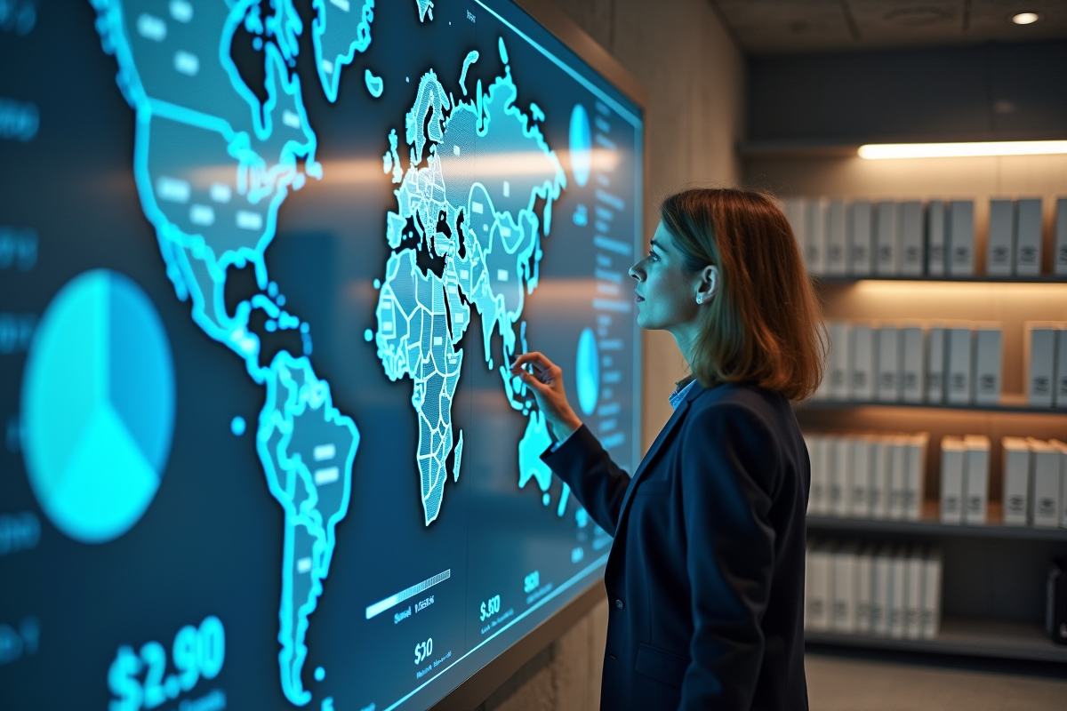 Femme économiste analysant une carte financière numérique