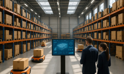 Photo d'un entrepôt automatisé avec robots et gestionnaires