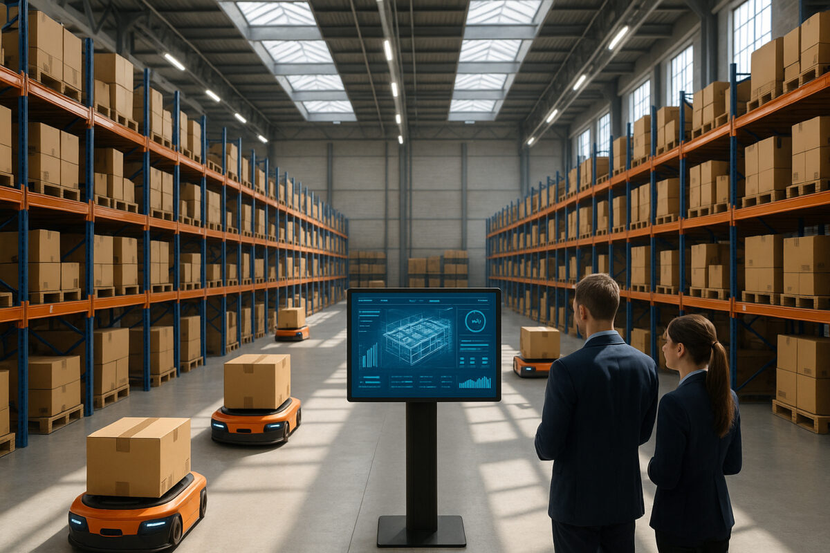 Photo d'un entrepôt automatisé avec robots et gestionnaires