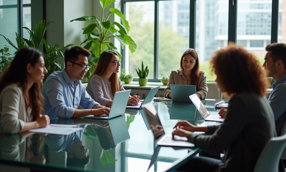 Équipe diversifiée collaborant autour d'une table moderne