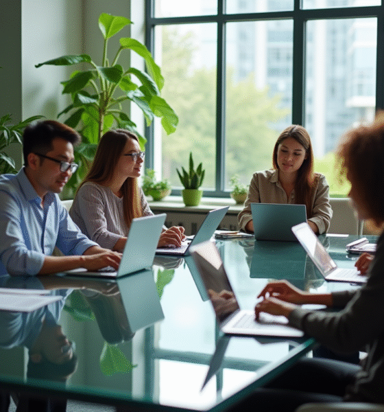 Équipe diversifiée collaborant autour d'une table moderne