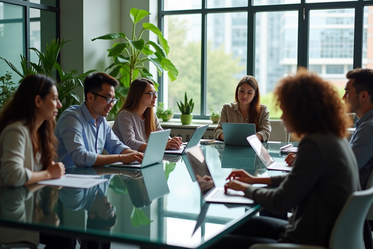 Équipe diversifiée collaborant autour d'une table moderne