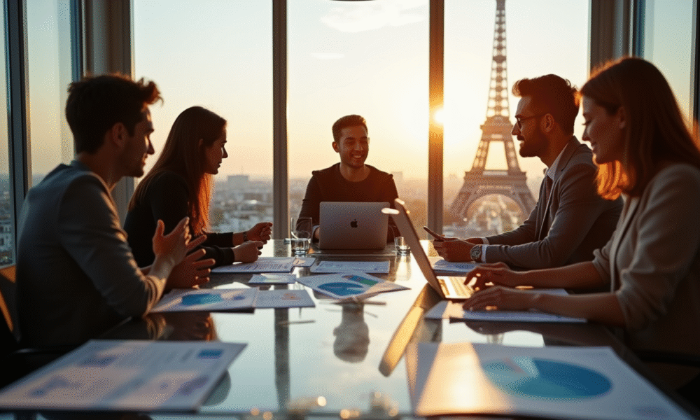 Groupe de jeunes professionnels à Paris avec graphiques marketing