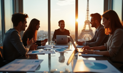 Groupe de jeunes professionnels à Paris avec graphiques marketing
