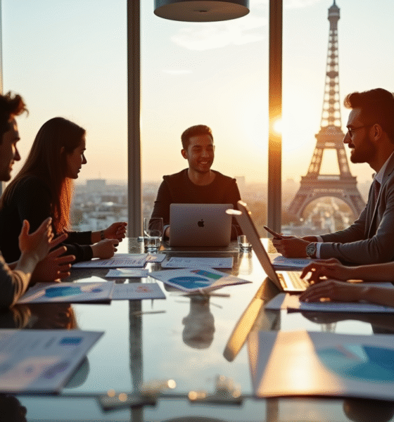 Groupe de jeunes professionnels à Paris avec graphiques marketing
