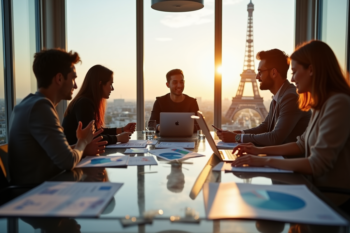 Groupe de jeunes professionnels à Paris avec graphiques marketing