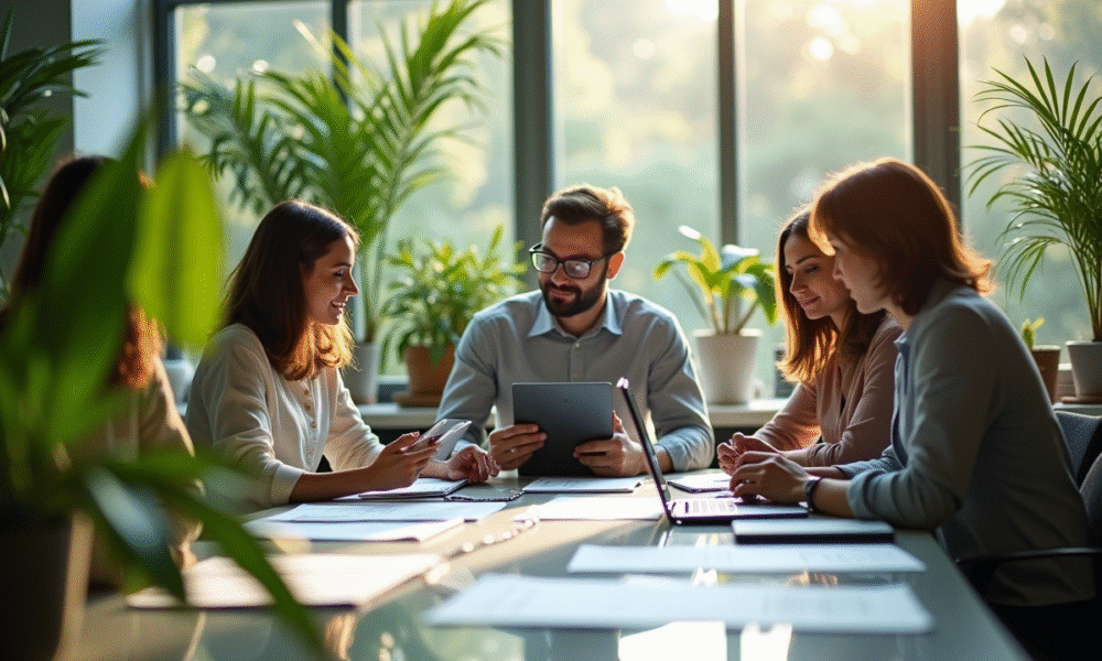 Groupe de professionnels collaborant dans un bureau écologique