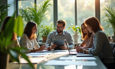 Groupe de professionnels collaborant dans un bureau écologique