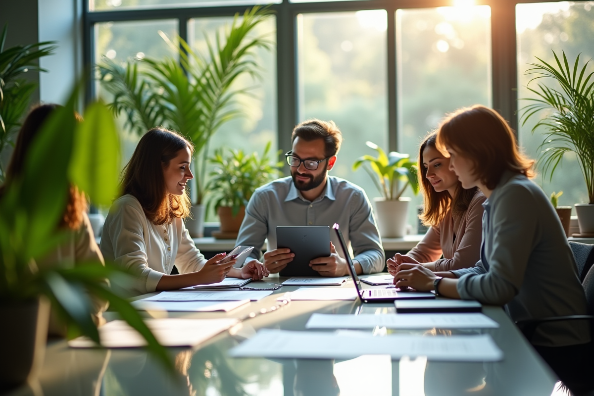 Groupe de professionnels collaborant dans un bureau écologique