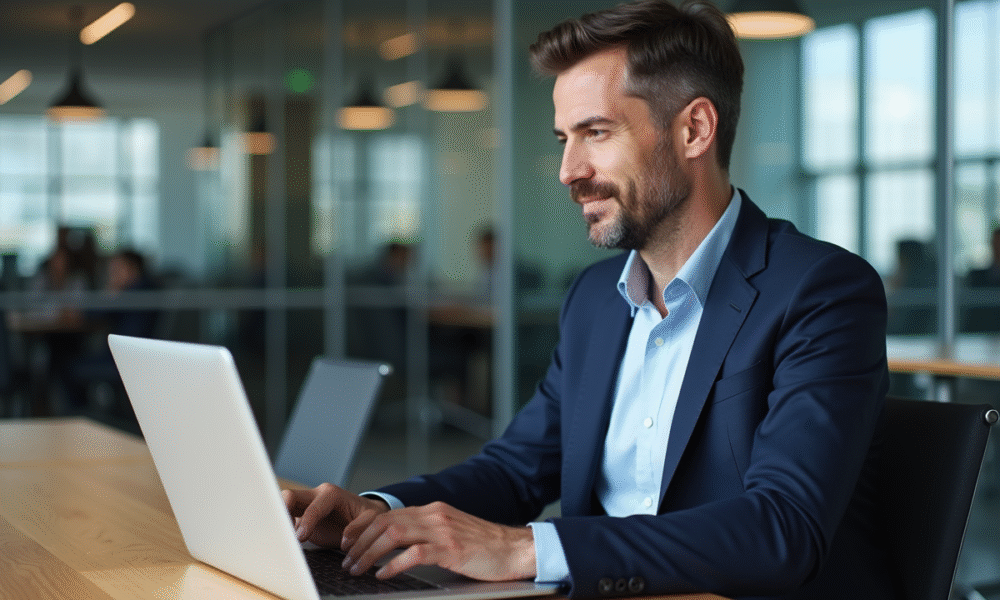 Homme d'affaires regardant un tableau digital dans un bureau moderne
