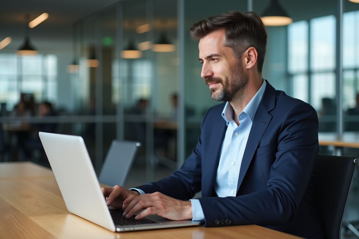 Homme d'affaires regardant un tableau digital dans un bureau moderne