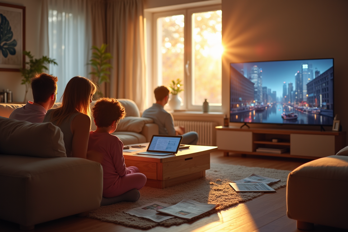 Famille regardant la télévision dans un salon lumineux le matin