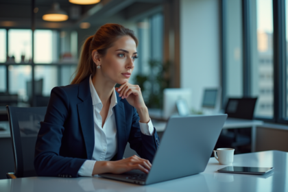 Femme d'affaires analysant des graphiques colorés dans un bureau moderne