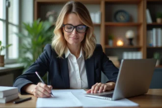 Femme d affaires concentrée remplissant un dossier financier