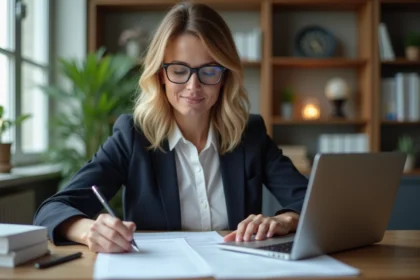 Femme d affaires concentrée remplissant un dossier financier