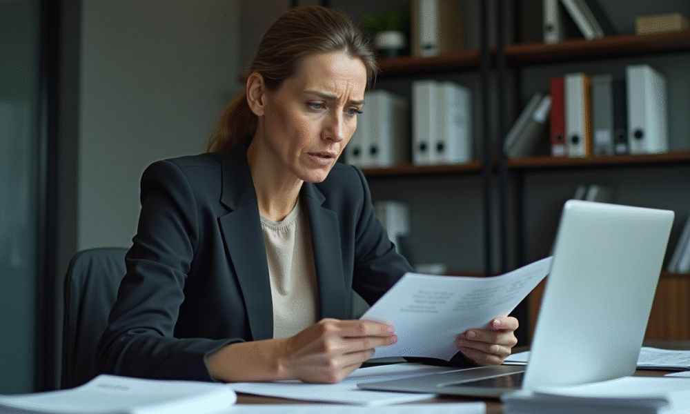 Femme d affaires concentrée examinant un dossier dans un bureau moderne