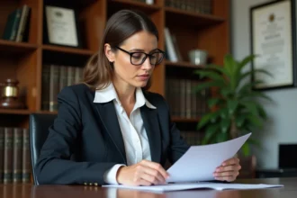 Femme d affaires concentrée lisant des documents juridiques