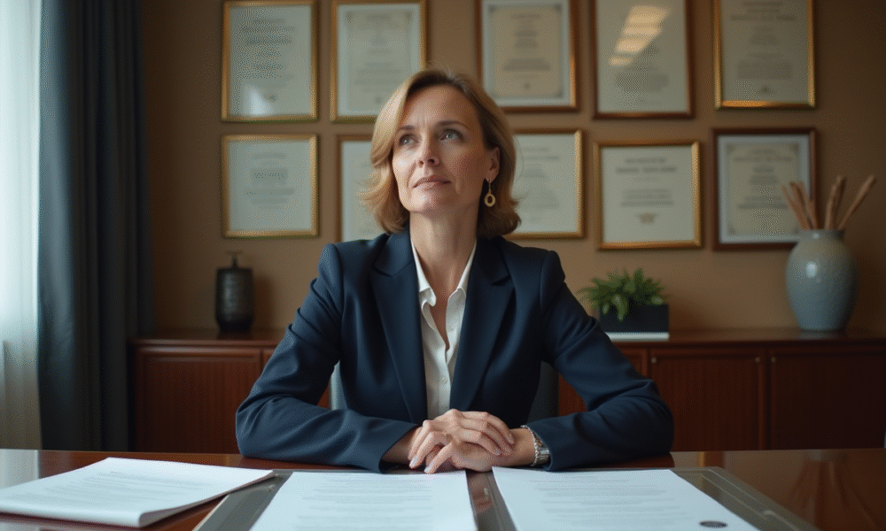 Femme d'affaires en costume navy dans un bureau moderne