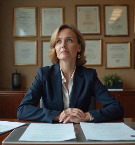 Femme d'affaires en costume navy dans un bureau moderne