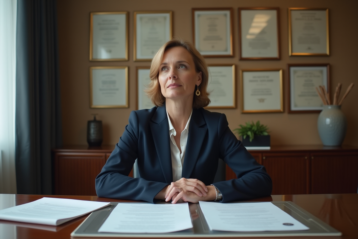 Femme d'affaires en costume navy dans un bureau moderne