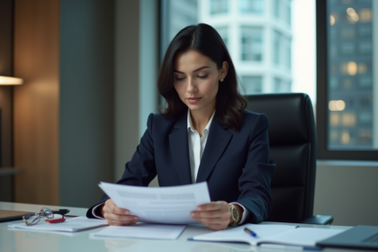 Femme d affaires en costume navy dans un bureau moderne