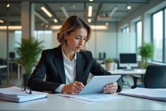 Femme d affaires en costume regardant des documents sectoriels