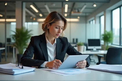 Femme d affaires en costume regardant des documents sectoriels
