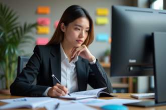Jeune femme professionnelle analysant des données SEO en bureau