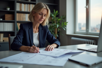 Femme d'âge moyen en blazer navy dans un bureau moderne