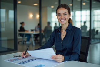 Femme en bureau moderne analysant des rapports marketing