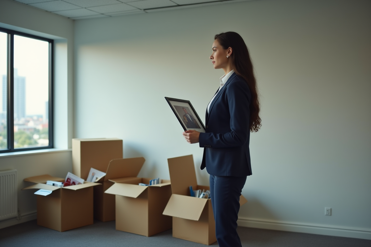 Jeune femme professionnelle dans un bureau vide avec cartons et photo