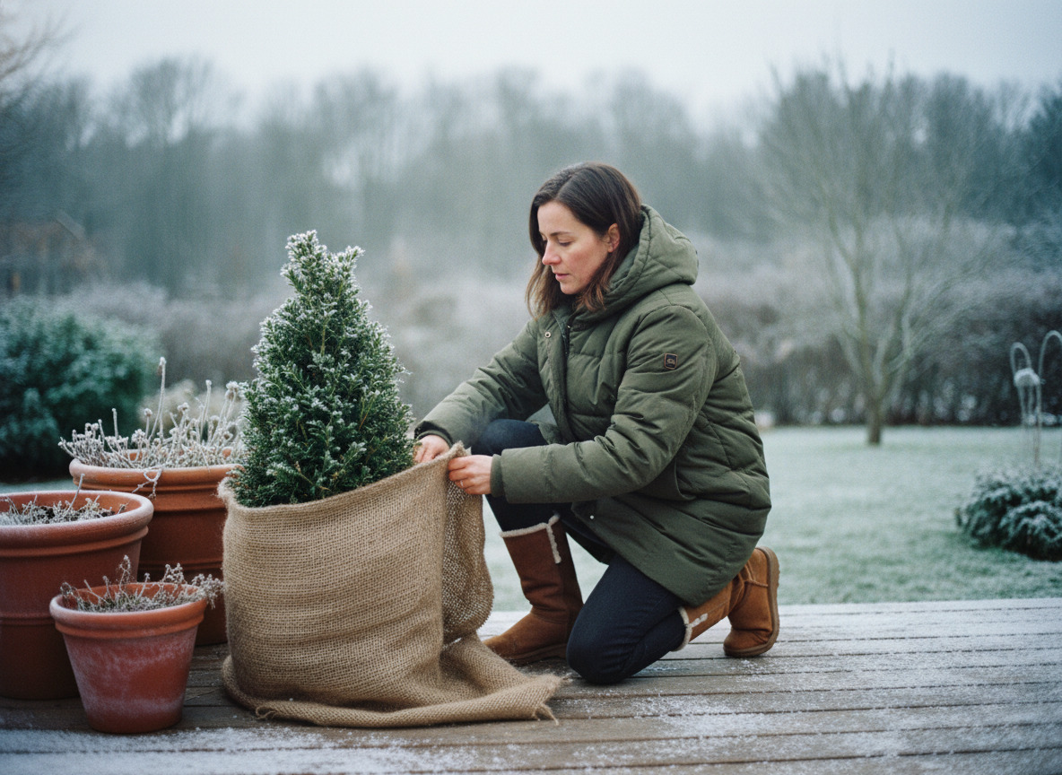 Femme en manteau vert enveloppant un sapin