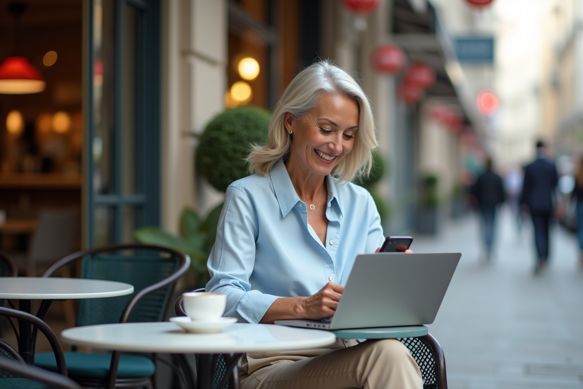 Femme souriante vérifiant son smartphone au café en ville