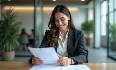 Femme d affaires examine un certificat CSR dans un bureau moderne