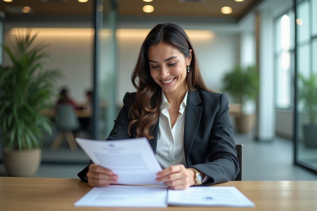 Femme d affaires examine un certificat CSR dans un bureau moderne