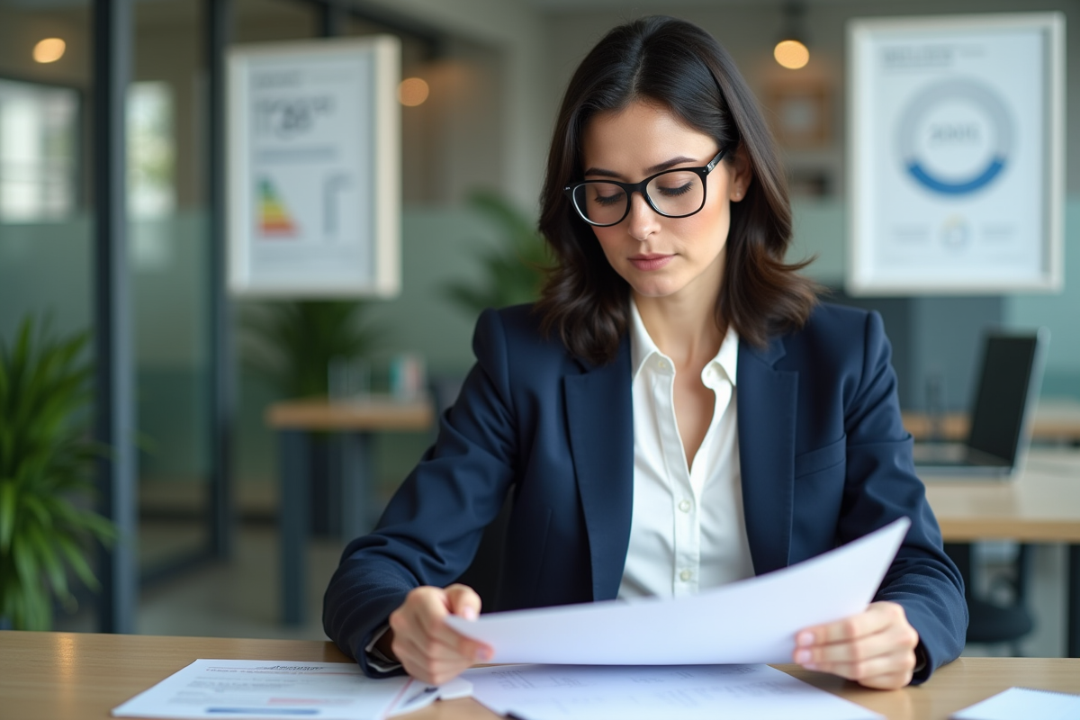 Femme professionnelle vérifiant documents ISO 50001