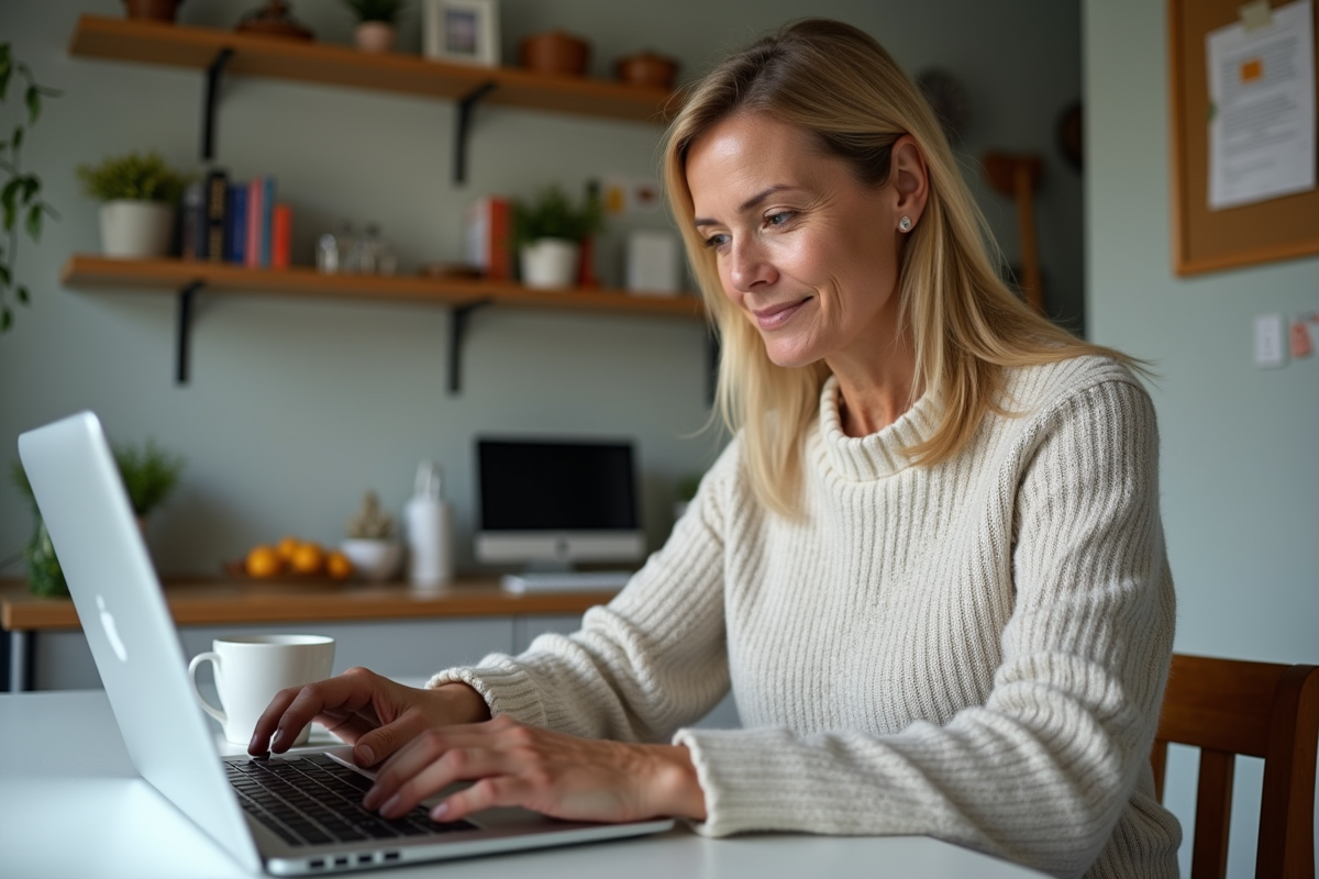 Femme à la maison lisant sur son ordinateur portable
