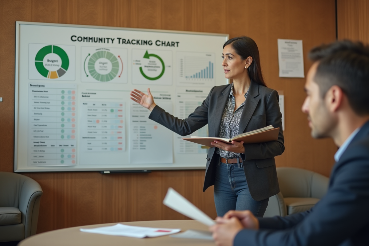 Femme confiante expliquant un tableau de budget